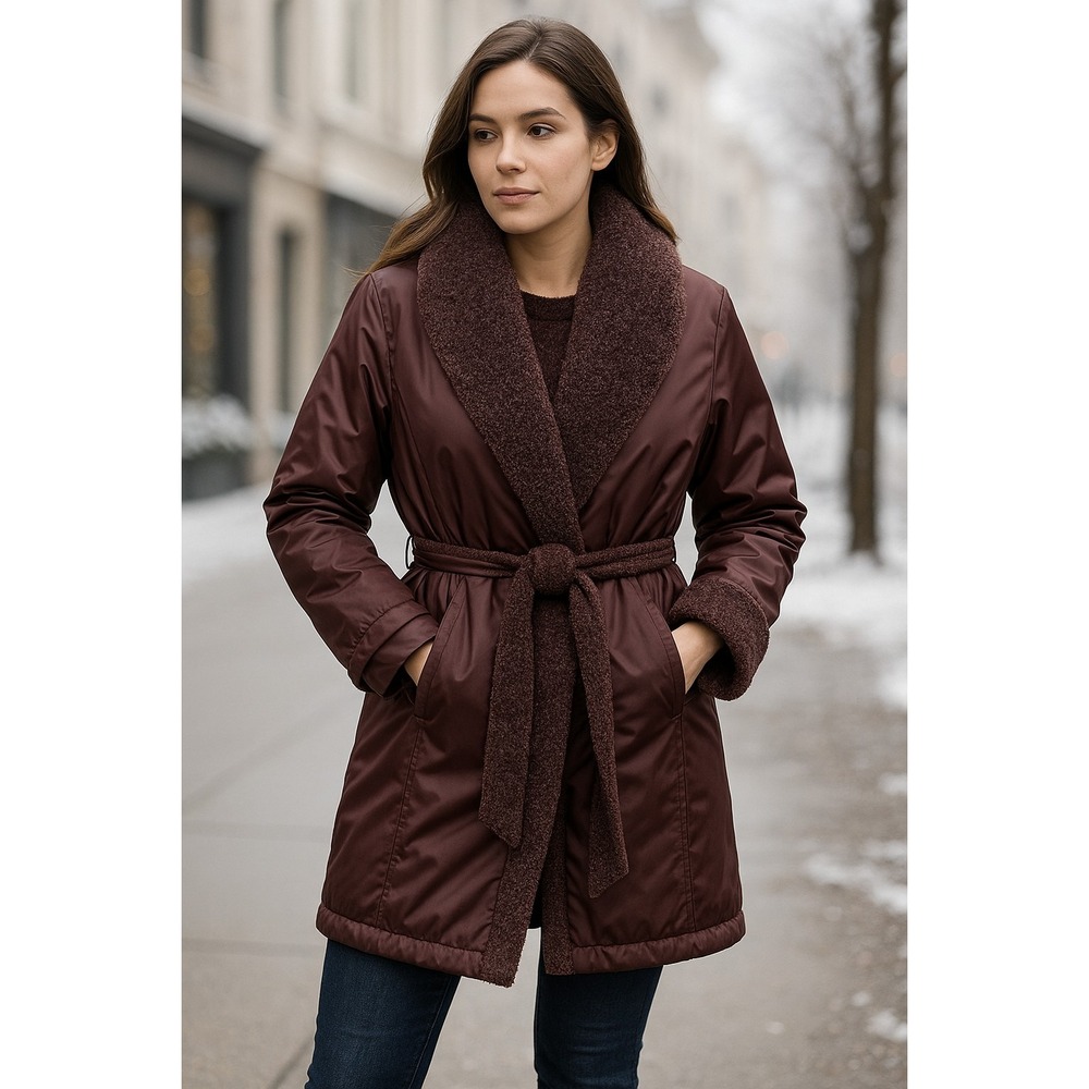 Vtg Outbrook Reversible Sherpa Teddy Belted Coat Jacket Burgundy Womens XL 16-18